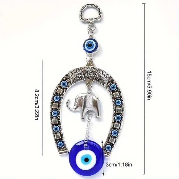 NWT Ornate Silver Metal Elephant🐘 Blue Evil Eye 🧿 Horseshoe Hanging Decoration - Picture 11 of 11